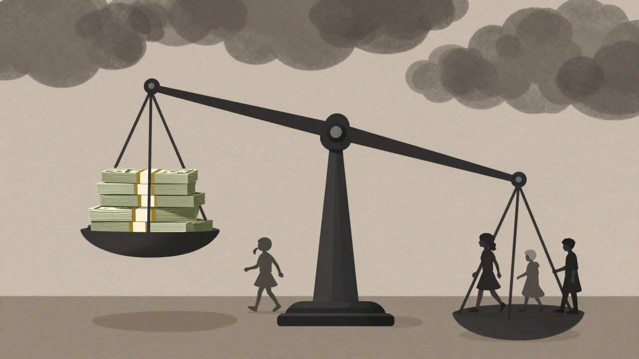 A scale tipped by undercounted populations, symbolizing lost funding for schools and clinics.
