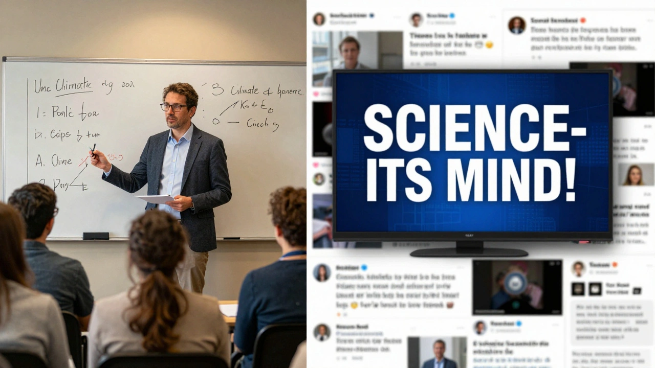 A scientist explains data to a community while sensationalist news flashes on a TV behind them.