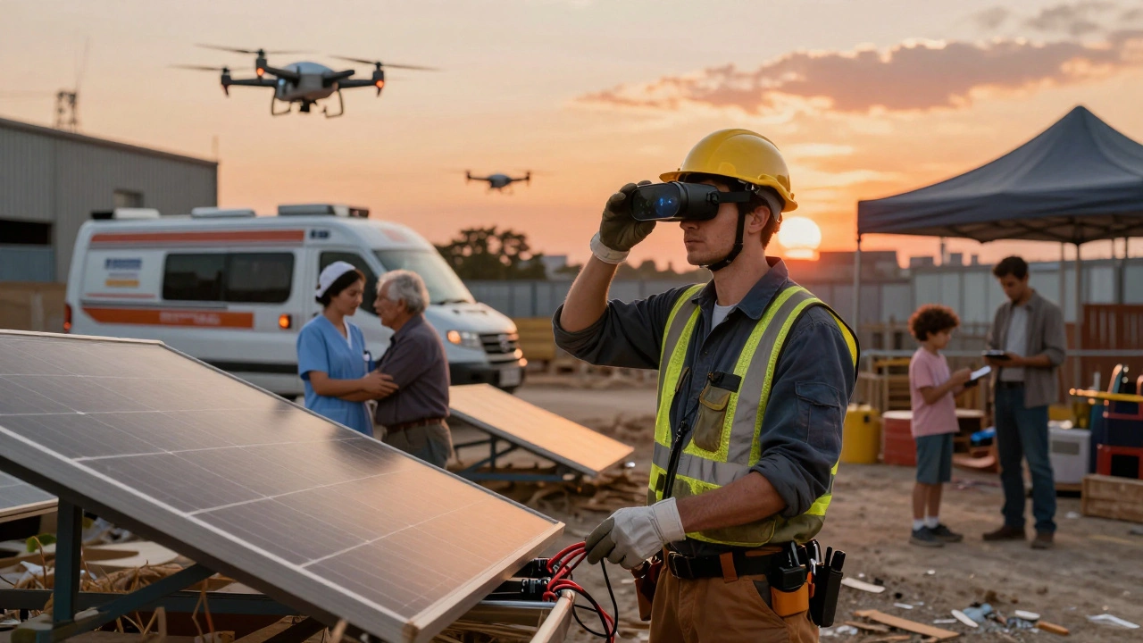 A skilled electrician and nurse working in a vibrant urban setting with drones and solar panels in the background.