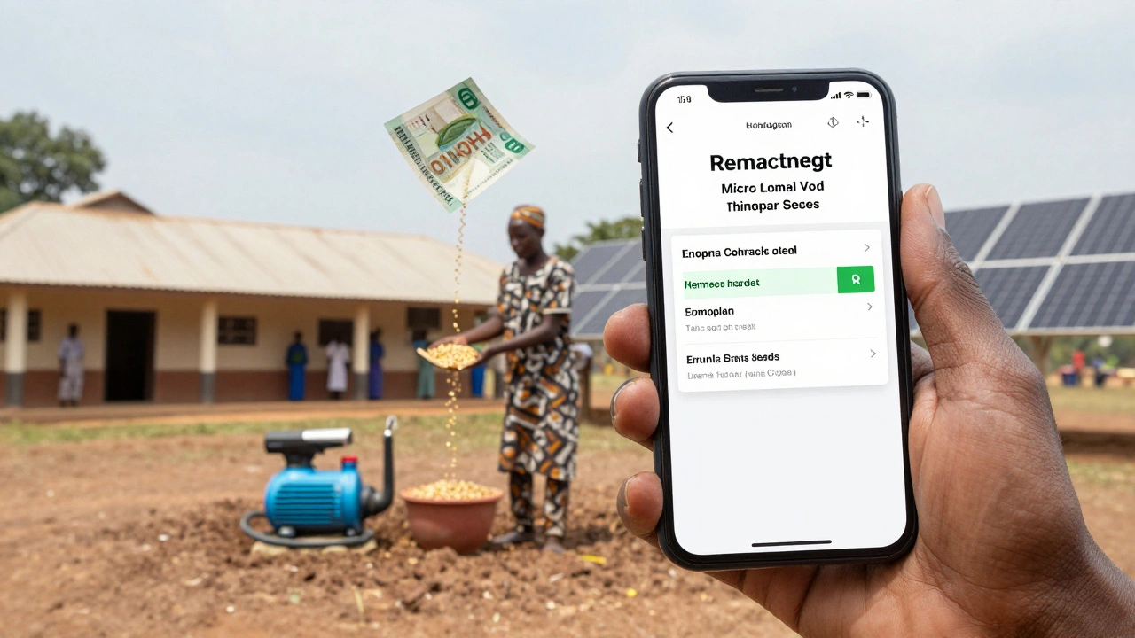 A smartphone shows a remittance transfer transforming into farm tools and solar panels in a rural African village.