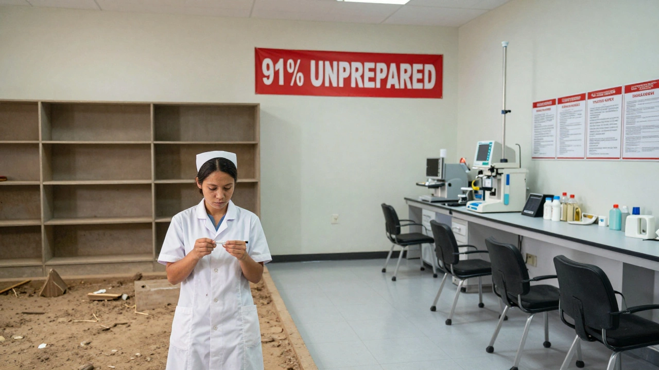 A split image showing a neglected rural clinic and an empty high-tech lab, connected by a banner reading '91% UNPREPARED'.