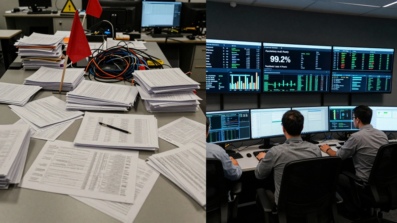 A split scene showing chaotic disorganized data on one side and clean, real-time data operations on the other.