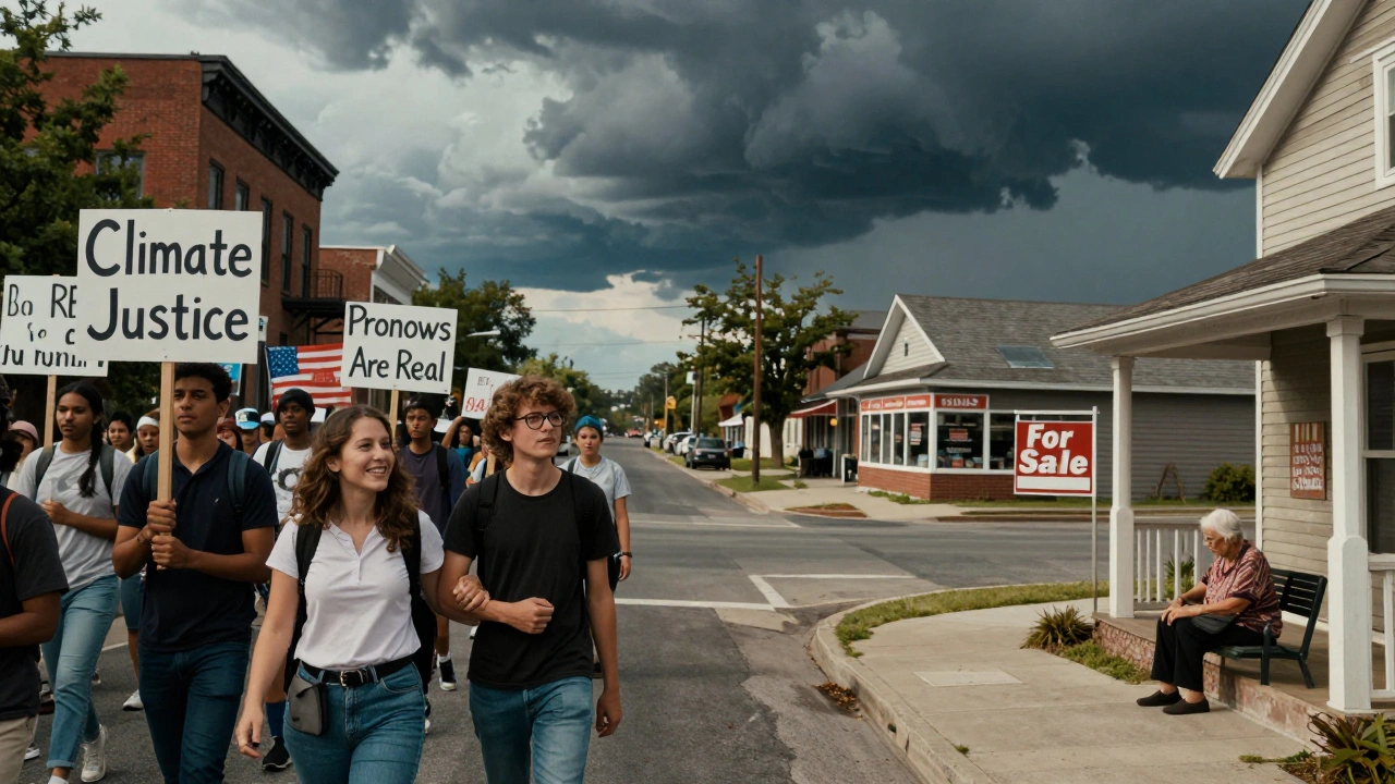 A split scene: vibrant urban protest on one side, empty rural street on the other, under a stormy voting ballot cloud.