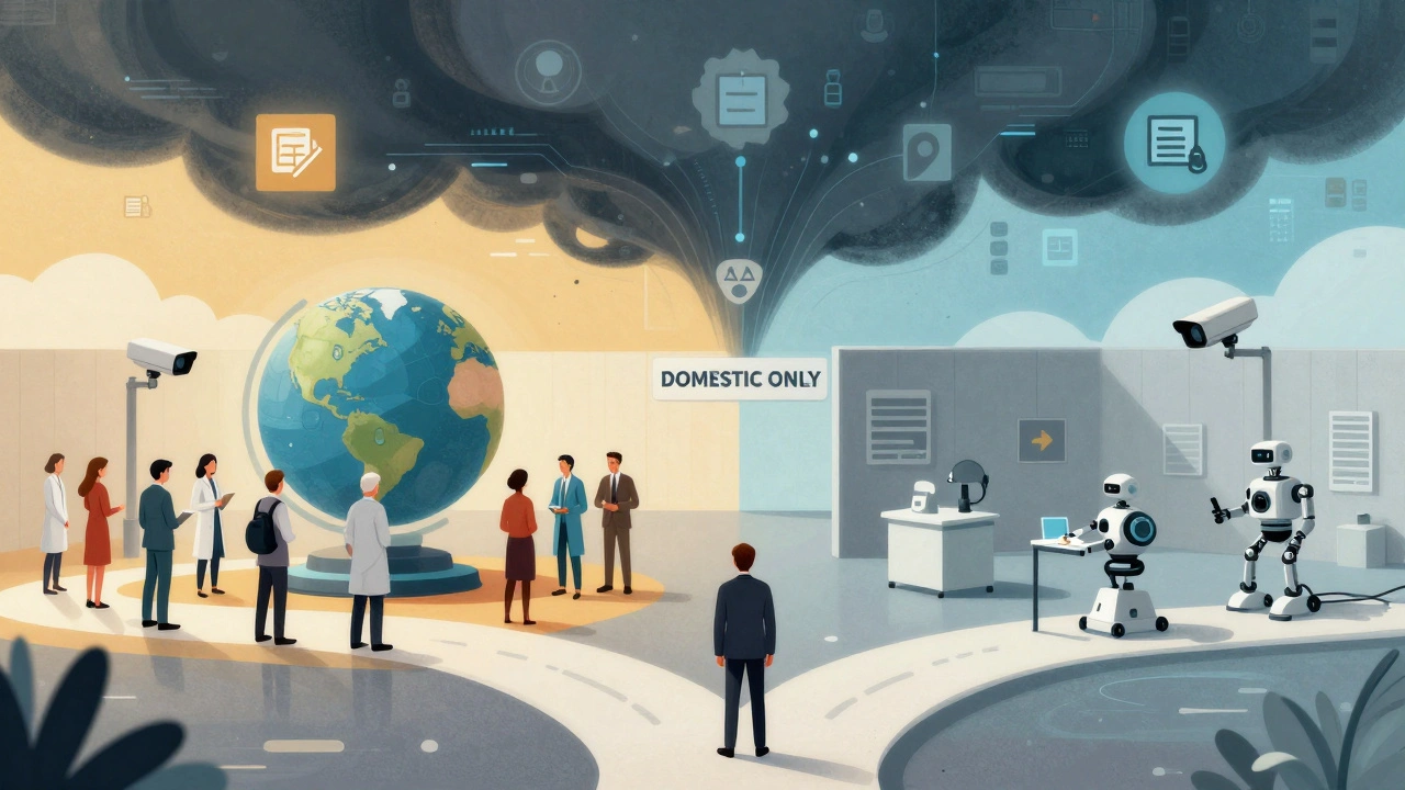 A startup founder faces a choice between global collaboration and isolated domestic tech development under surveillance.