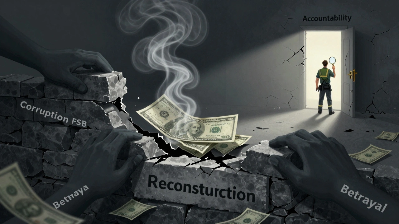 A symbolic foundation of reconstruction crumbling under shadowy corrupt forces.