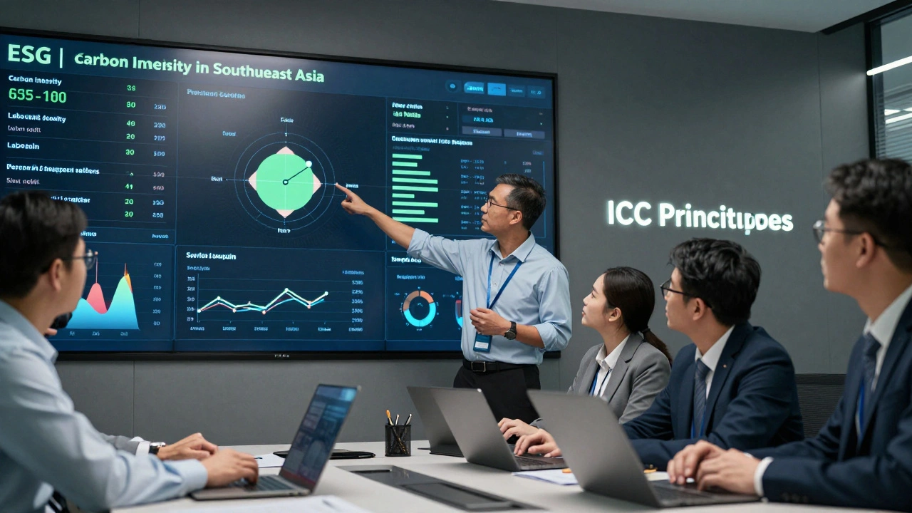 A team of analysts monitoring real-time ESG data on digital dashboards in a corporate war room, focused on supply chain compliance alerts.