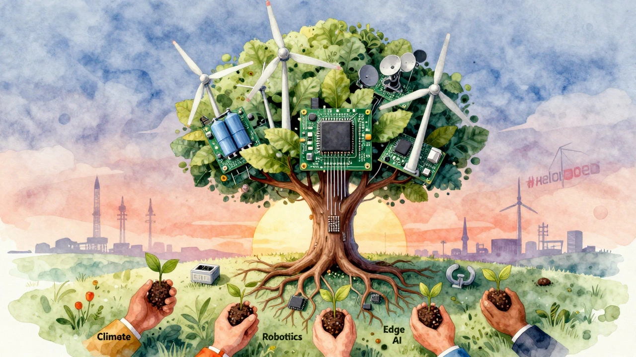 A tree growing from a circuit board, with leaves shaped as energy technologies, planted by diverse hands under a sunrise over a U.S. energy hub.