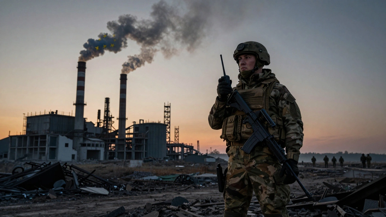 A Ukrainian soldier on the frontline with a rising European-built defense factory in the background, symbolizing long-term sovereignty.