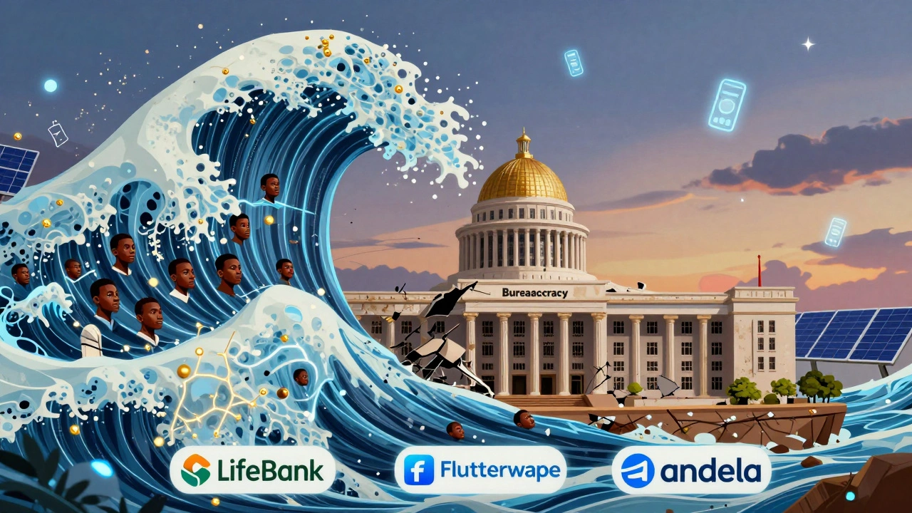 A wave of young African faces surging over outdated bureaucracy, with rising tech startups glowing beneath.