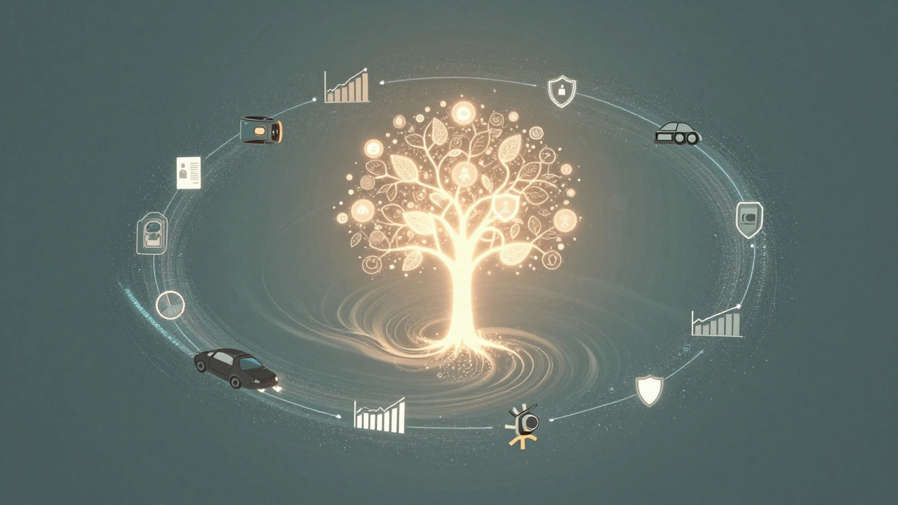 An abstract flywheel of data points spiraling into a glowing core that powers a tree with profit-graph leaves and shield icons.