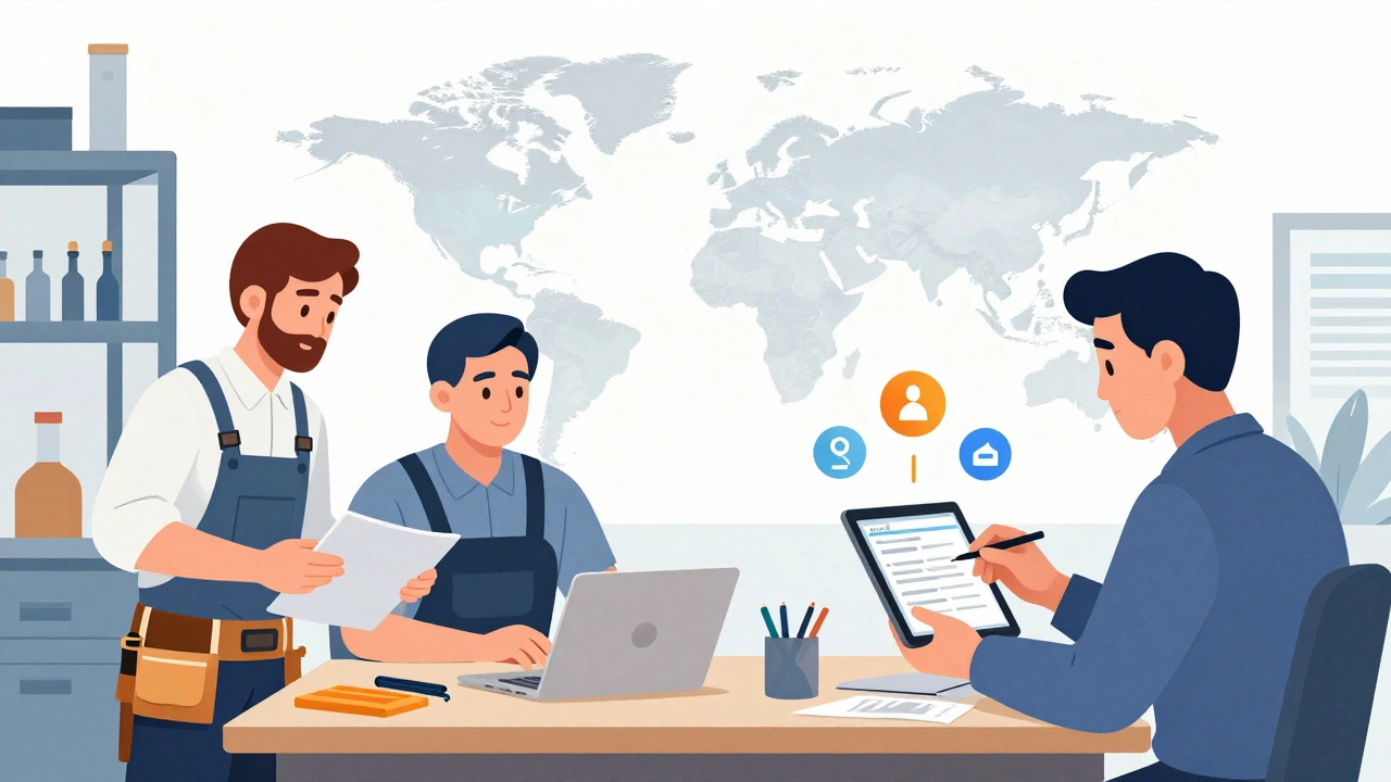 An apprentice in Germany and a worker in Malaysia both engaged in employer-led training, connected by global skill development.