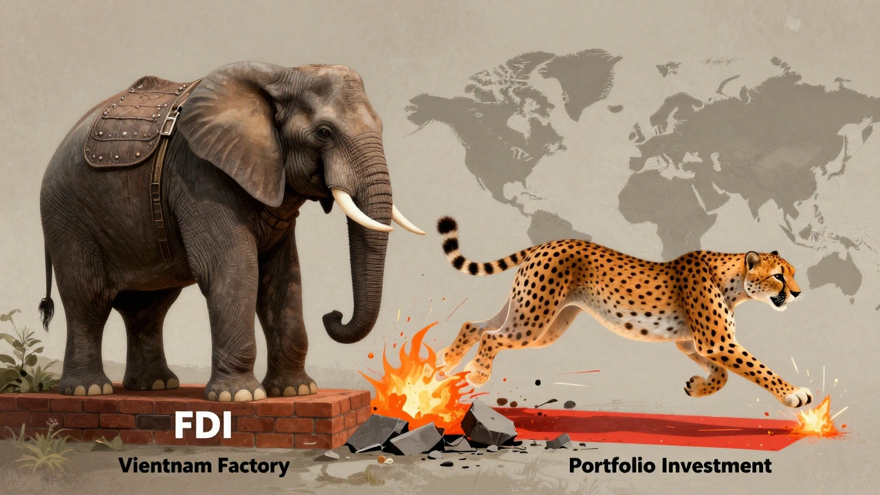 An armored elephant representing FDI stands firm while a cheetah labeled portfolio investment flees a collapsing map.