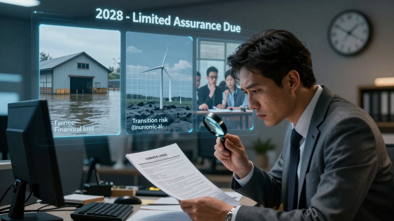 An auditor examining financial footnotes with overlays of climate risks and investor concerns.