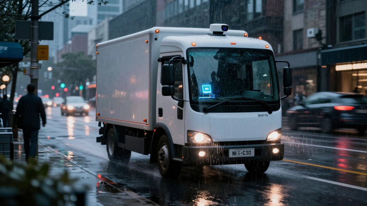 An autonomous truck navigating rain-slicked streets, using onboard AI to detect and avoid pedestrians.