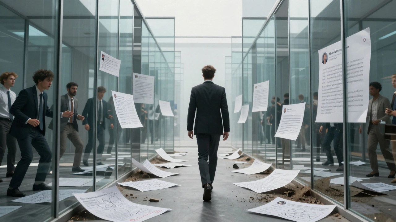 An executive navigating a labyrinth of shifting reflections, leaving behind rigid business models as they move toward light.