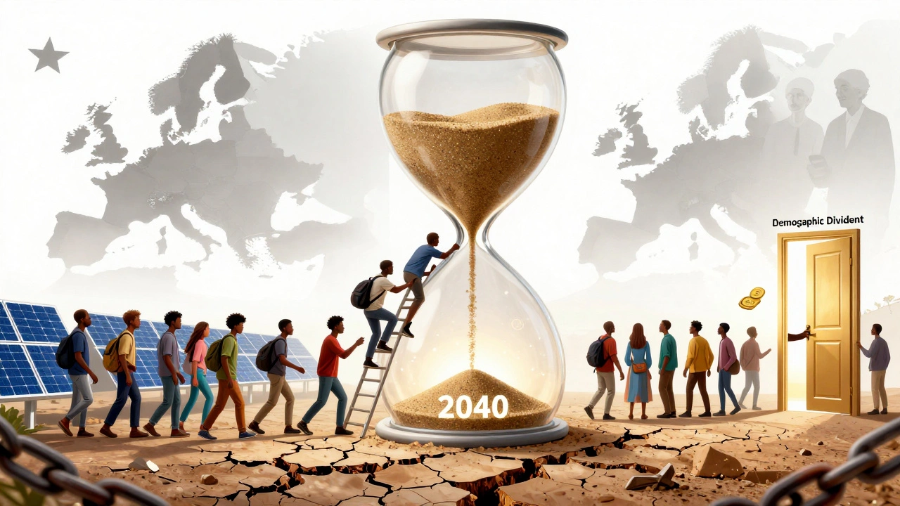 An hourglass showing aging populations fading above and African youth climbing toward opportunity below.