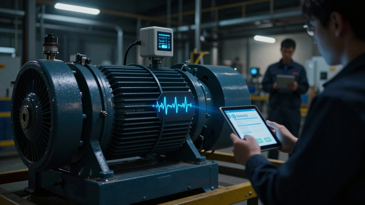 An industrial pump with embedded sensors predicting maintenance needs in a quiet factory at night.