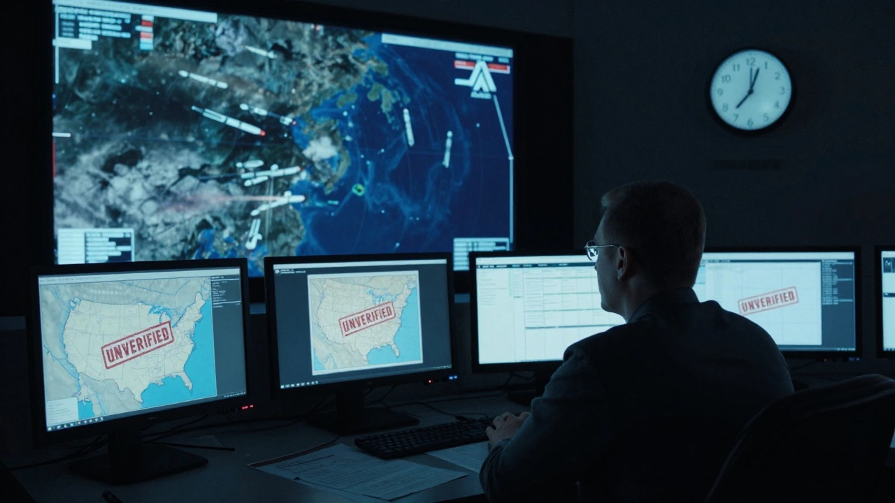 Analyst in a dim room staring at ambiguous missile data on a satellite screen.