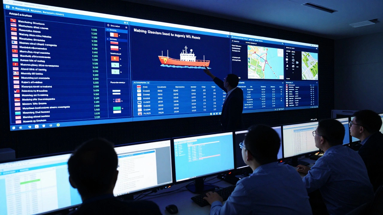 Analysts from allied nations monitoring real-time sanctions alerts on digital dashboards in a control room.