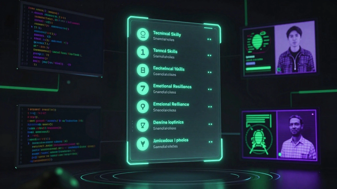 Anonymized candidate profile with glowing skill metrics from AI tools like Pymetrics and Juicebox.