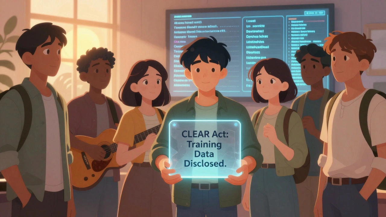 Artists unite before a public ledger showing AI training data, symbolizing transparency and accountability.