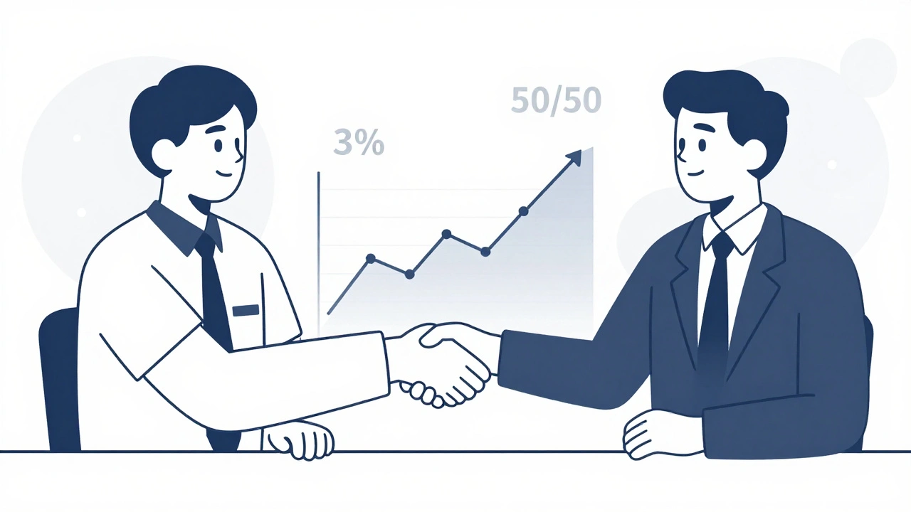 Business partners shaking hands with a floating currency graph symbolizing shared FX risk in supply contracts.