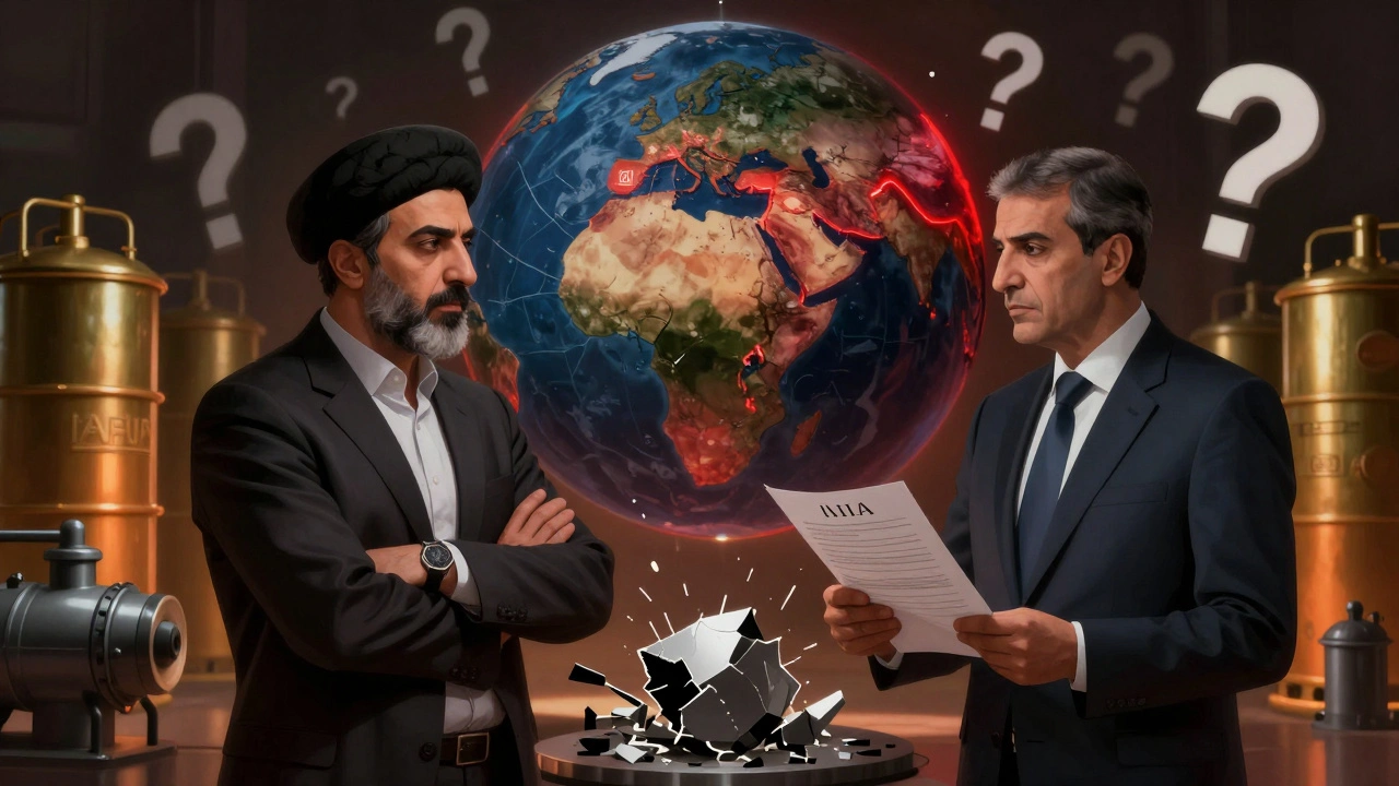 Conceptual split image of Iranian nuclear official and IAEA inspector facing each other amid floating uranium cylinders and a cracked globe.