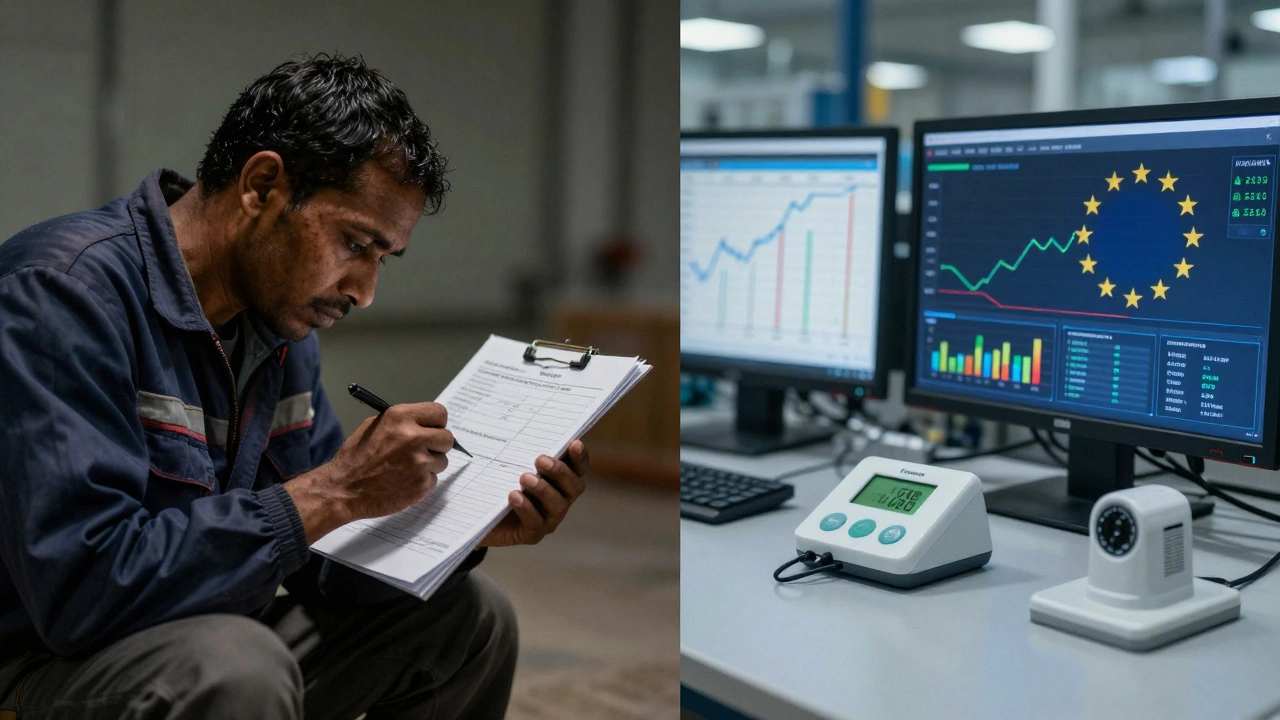 Contrast between manual emissions tracking in a developing nation and automated monitoring in the EU.