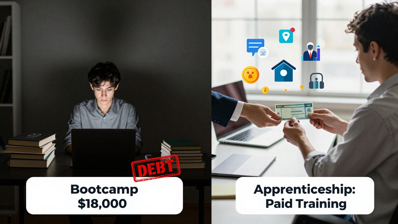 Contrasting scenes: lonely bootcamp student with debt vs. apprentice receiving paycheck in a supportive workplace.