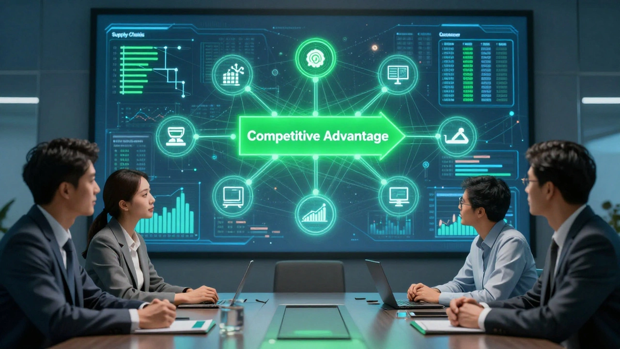 Corporate dashboard linking supply chain, energy, and finance into a single green arrow of competitive advantage.
