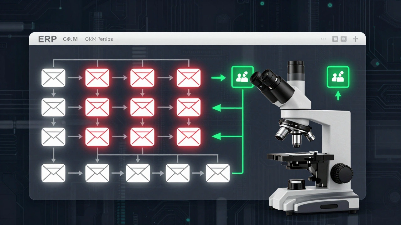 Digital microscope revealing workflow bottlenecks in manufacturing, with automation arrows streamlining approval processes.