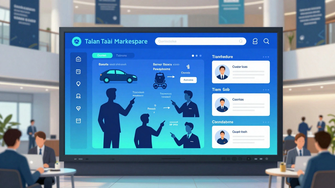 Digital talent marketplace screen displaying internal job openings, skill gaps, and mentor pairings for frontline workers.