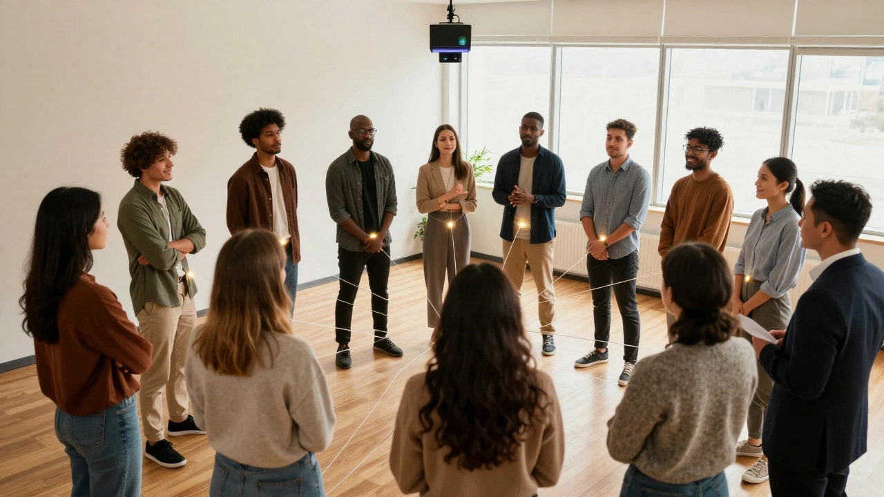 Diverse candidates connected to an AI system while a human interviewer listens closely.