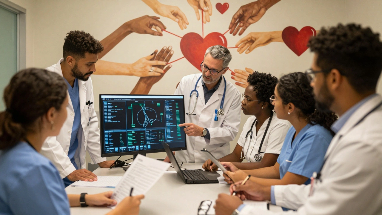Diverse healthcare workers collaborating on data in hospital with unity mural