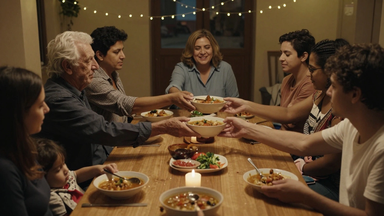 Diverse people share food and stories in a warm, candlelit circle, building connection through conversation.