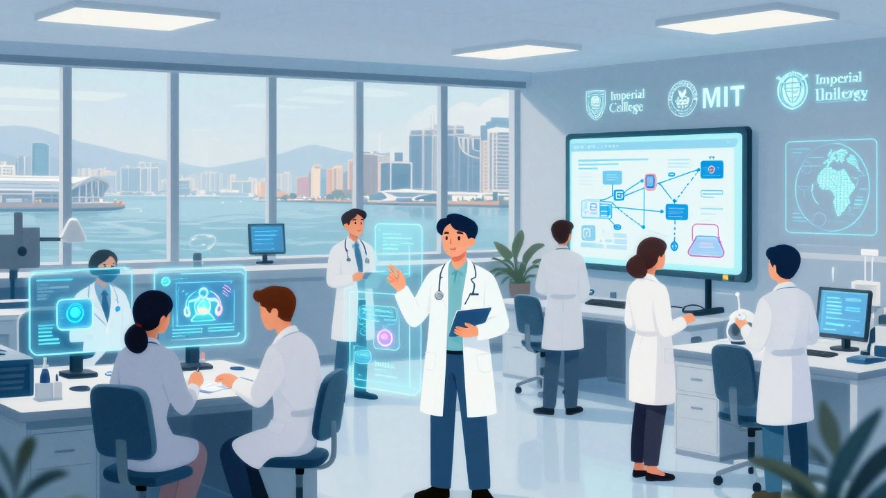 Diverse researchers and engineers collaborating in a high-tech lab with global university logos and AI displays.