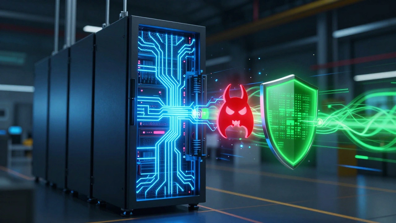 Edge AI server analyzing industrial cyber threats with neural network visuals.