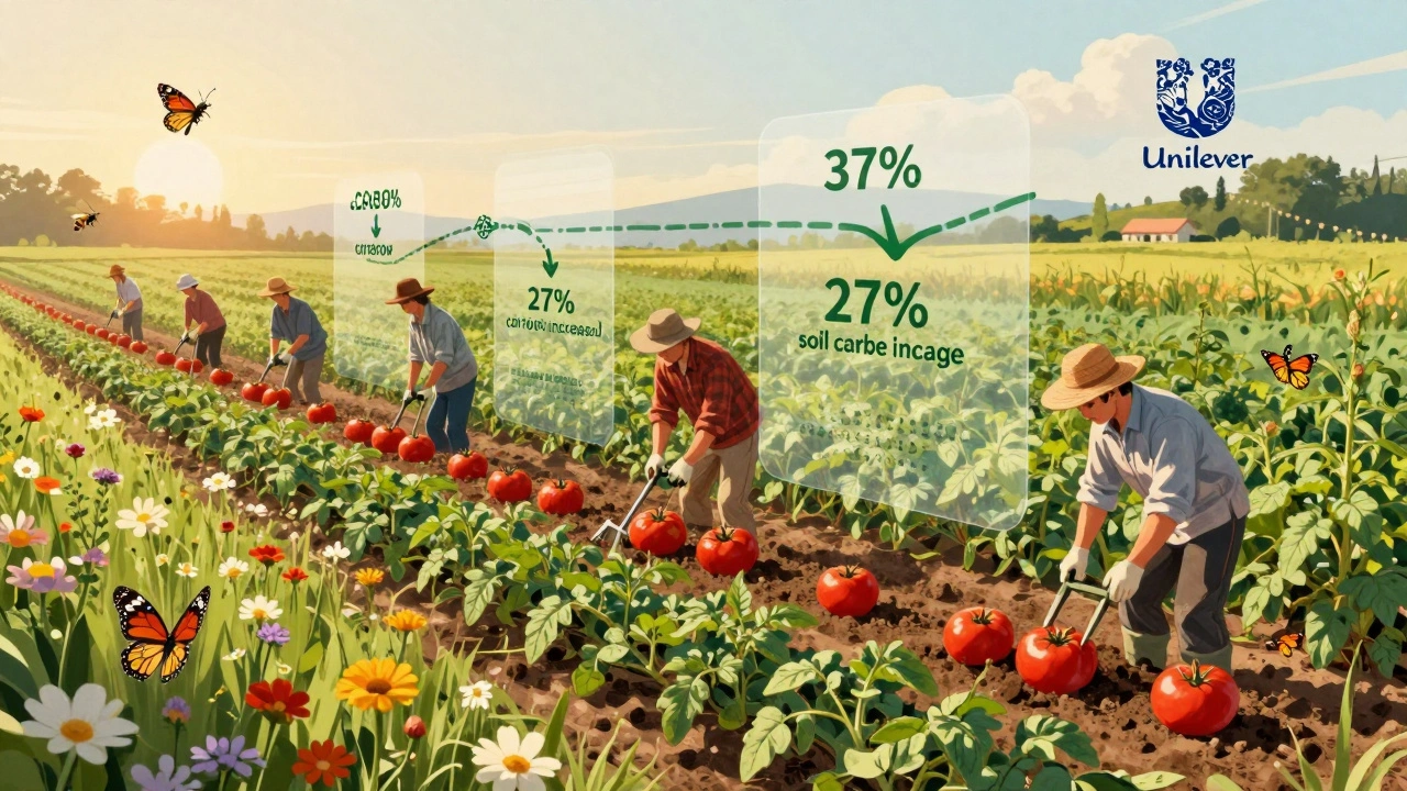 Farm with wildflower borders and regenerative practices, symbolizing reduced emissions in food supply chains.