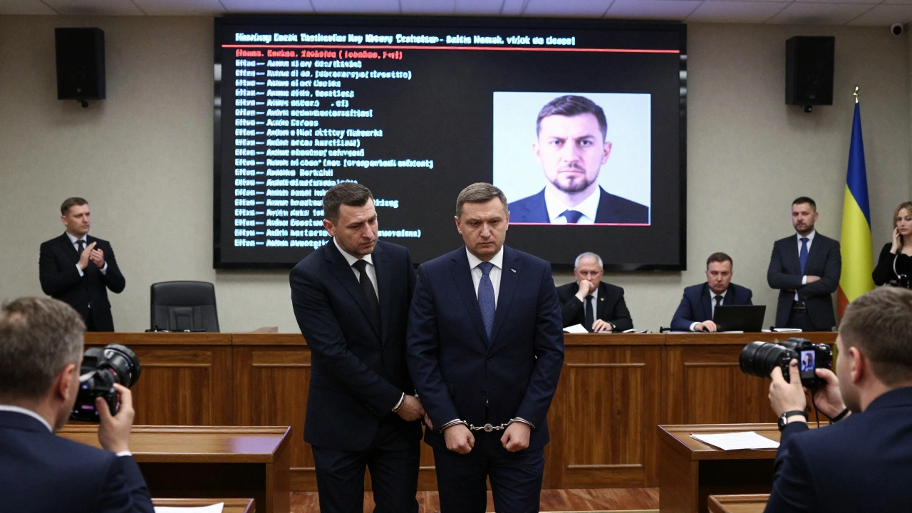 Former Ukrainian minister being arrested in court as financial scandal evidence is displayed.