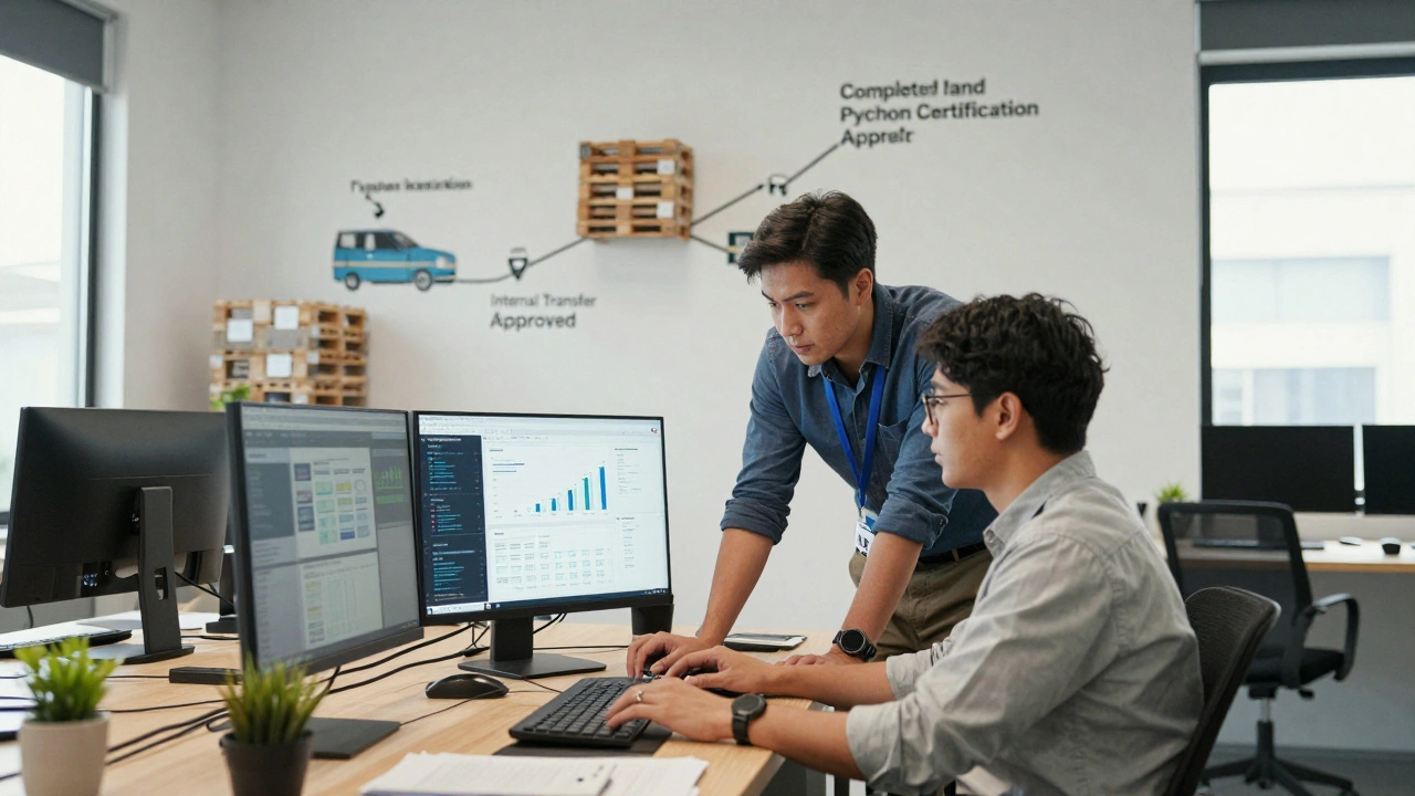 Former warehouse worker now mentoring a trainee as a data analyst, with a mural showing their career transition journey.