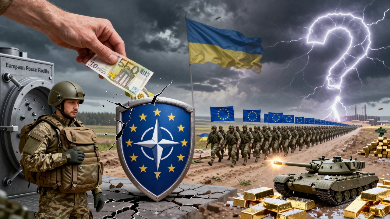 Four conceptual models of European security support for Ukraine: funding, hybrid defense, battlegroups, and frozen asset industrialization.