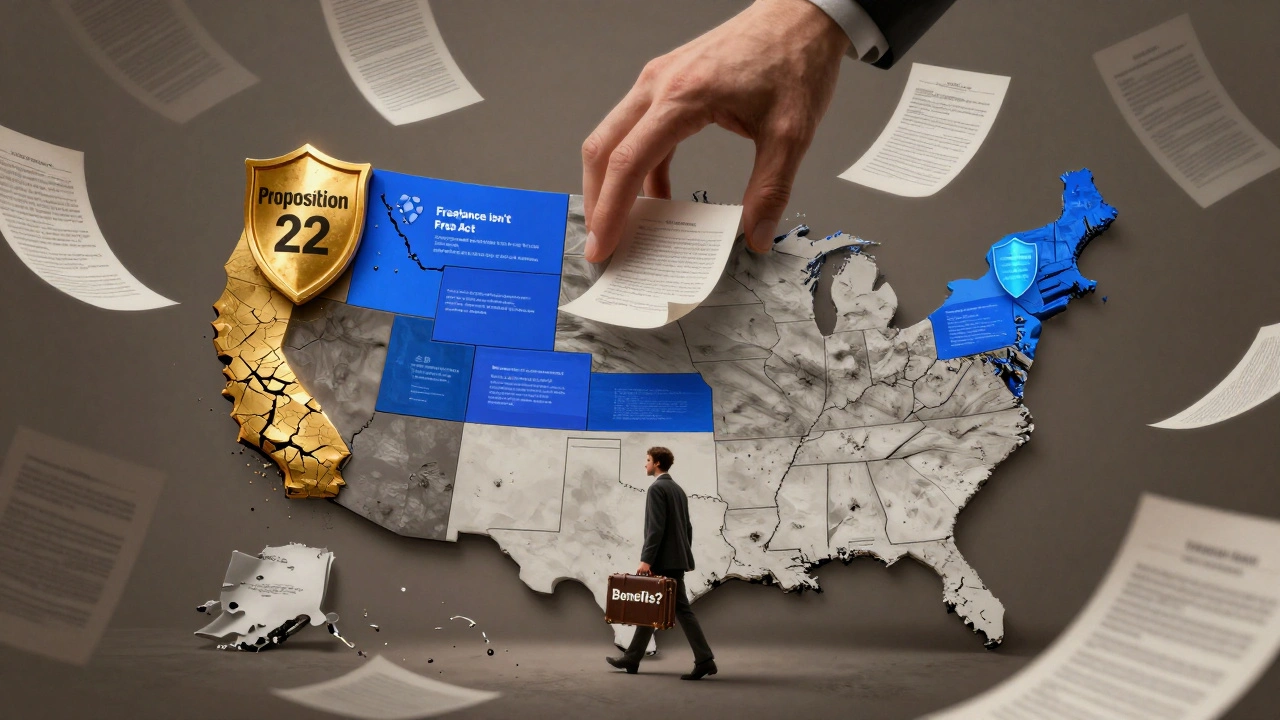 Fragmented U.S. map with state-specific gig worker protections, one worker walking across barren legal zones.