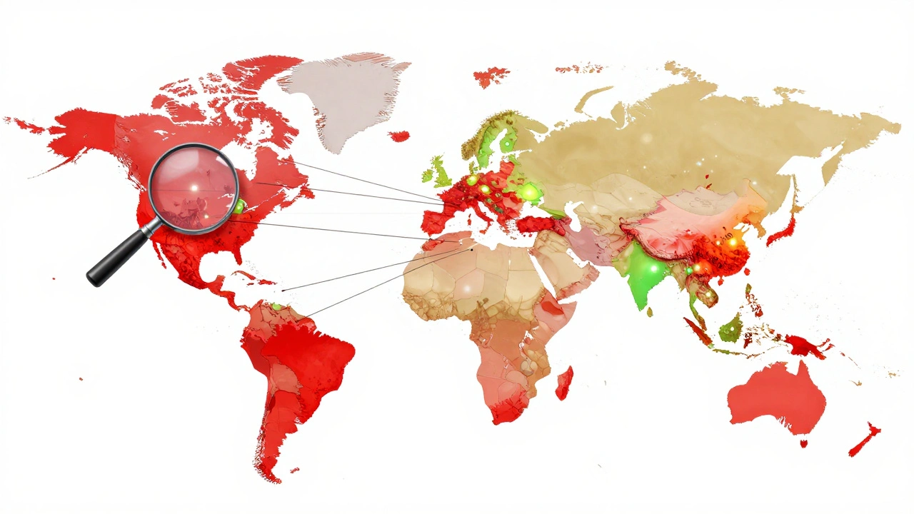 Global portfolio map showing AI stock clusters in the U.S. versus diversified nodes abroad.