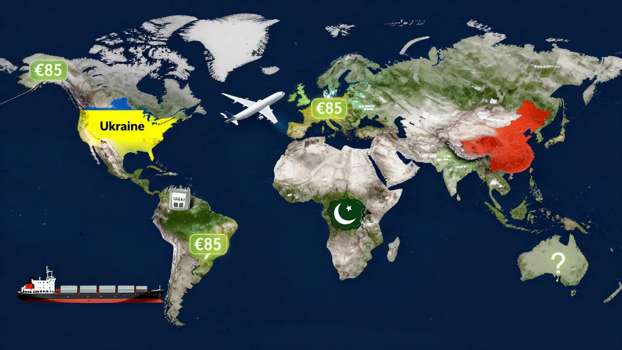 Global trade routes with carbon cost labels on shipments from Ukraine, Pakistan, and China to the EU.