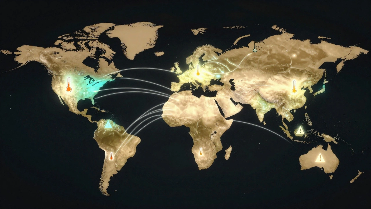 Glowing data networks connecting countries through health monitoring points.