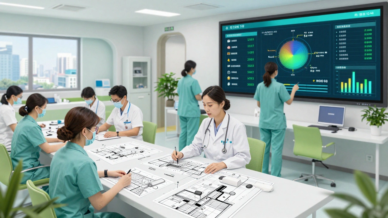 Health workers and engineers collaborating in a Seoul hub, reviewing climate-resilient clinic designs.