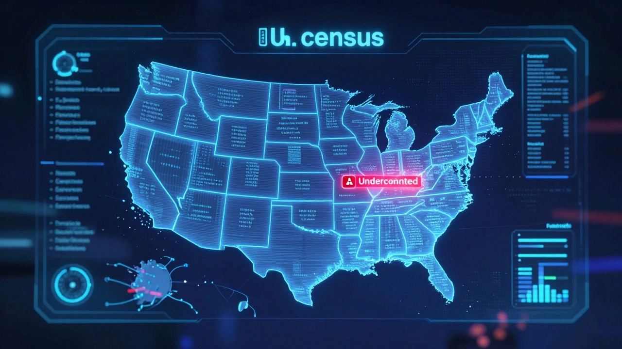 Holographic U.S. map showing real-time census data streams with a warning over an undercounted county.