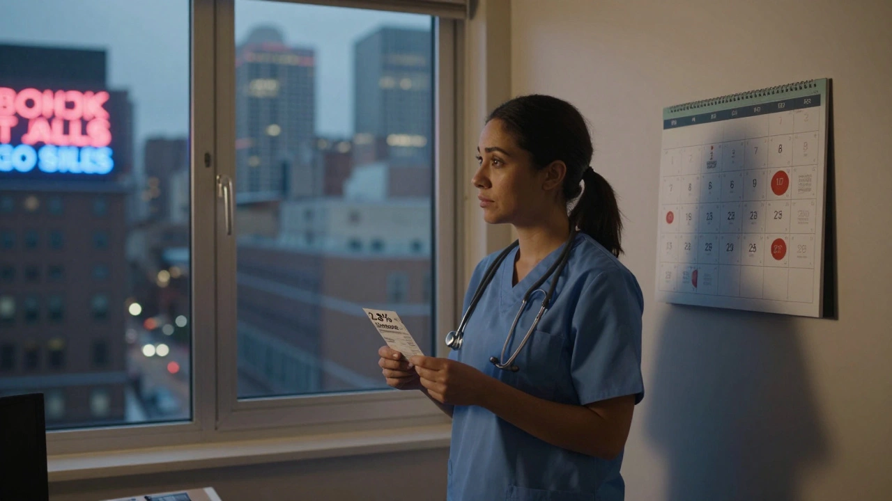 Home health aide stares at pay stub as rent and grocery bills loom in the background.