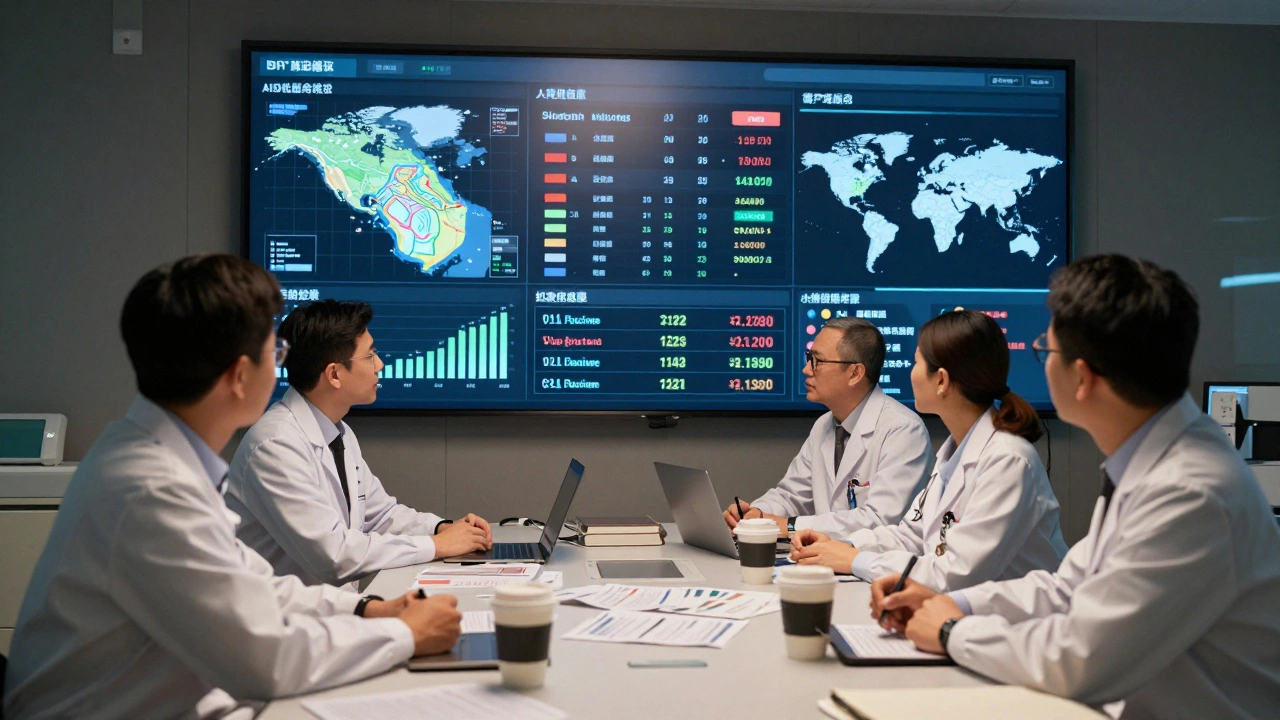 Hospital team working late in a war room, analyzing real-time supply chain data on digital dashboards.