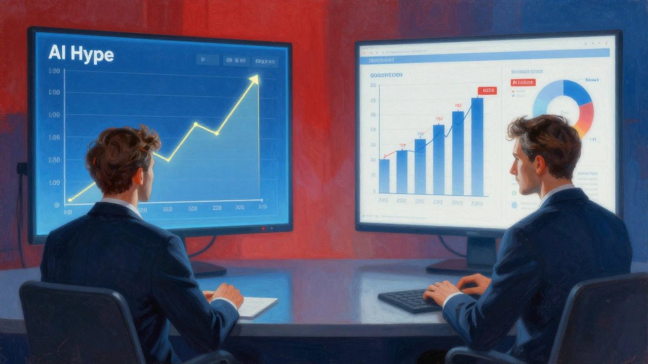 Investor torn between AI hype and balanced portfolio strategy, shown in split composition.